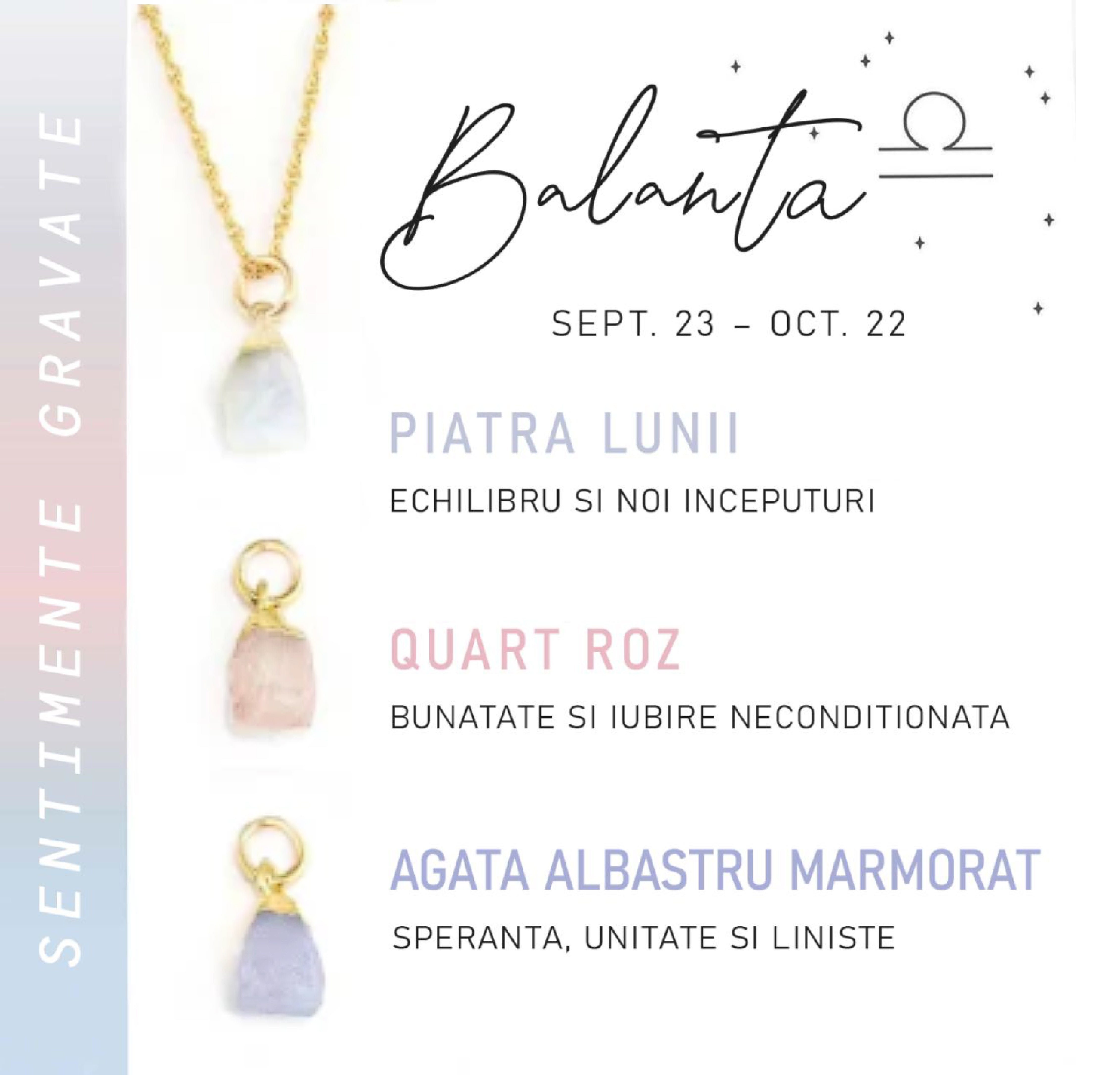 Colier Horoscop cu 3 pietre Semipretioase - Sentimente Gravate