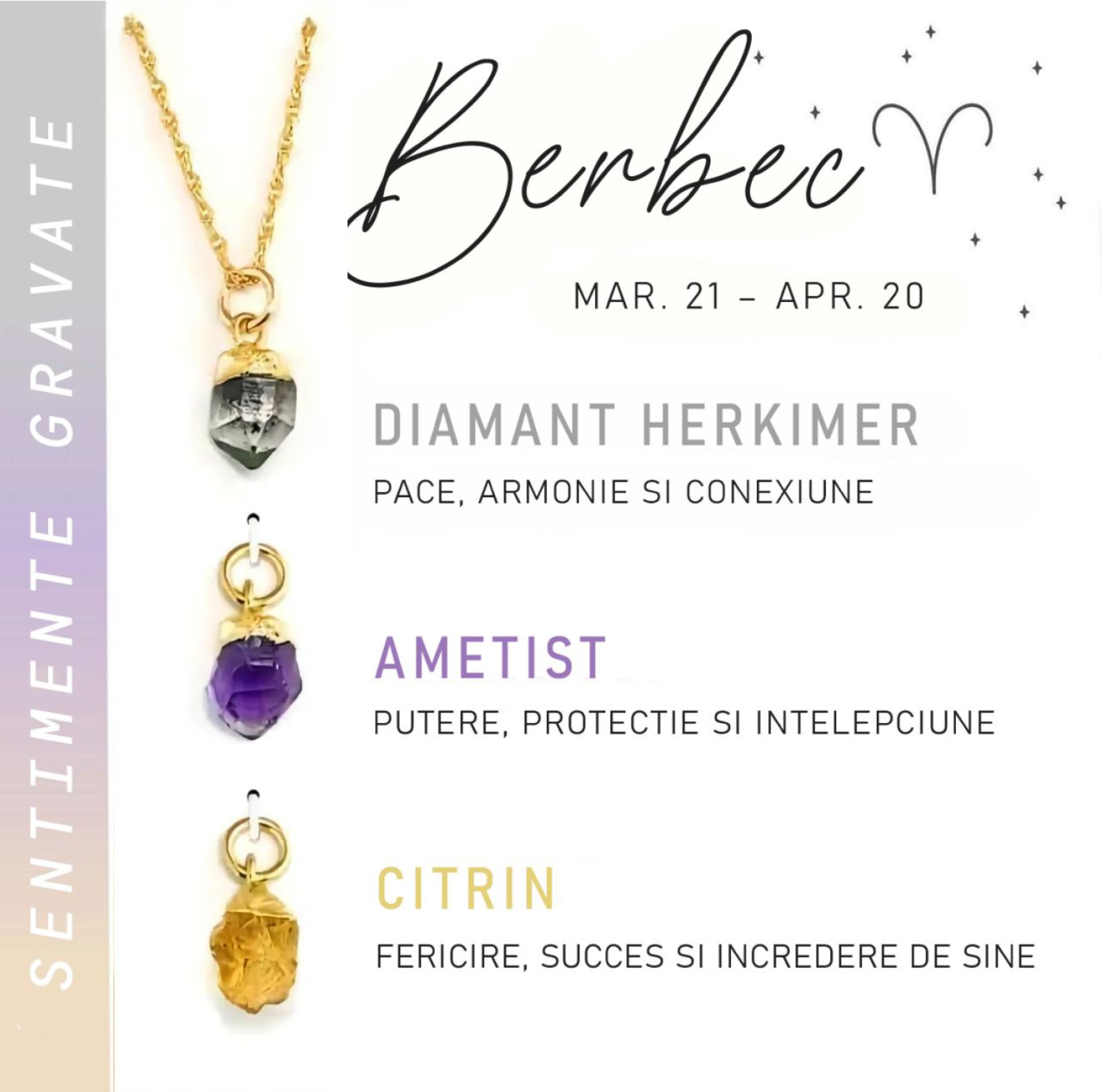 Colier Horoscop cu 3 pietre Semipretioase - Sentimente Gravate