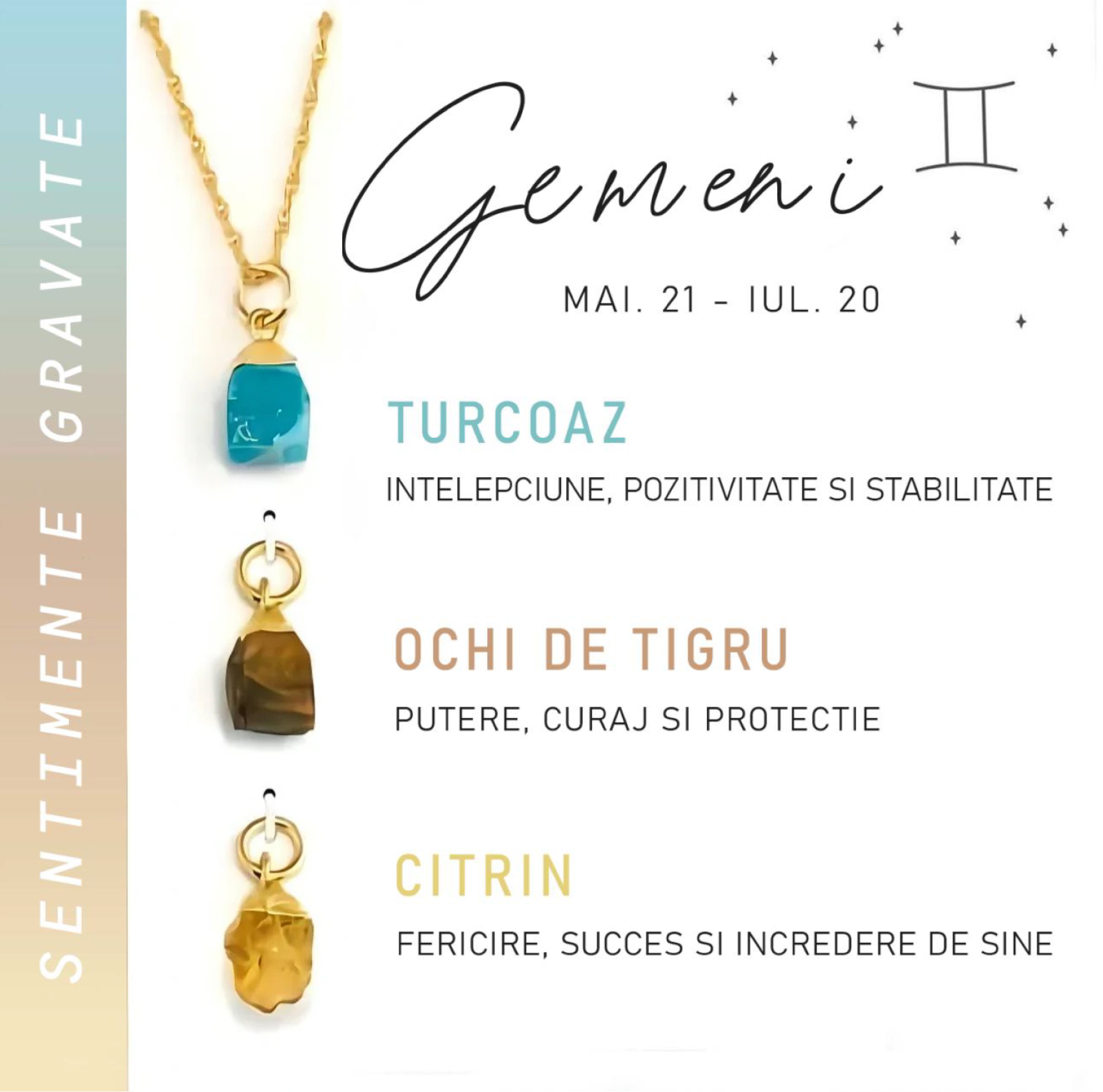 Colier Horoscop cu 3 pietre Semipretioase - Sentimente Gravate