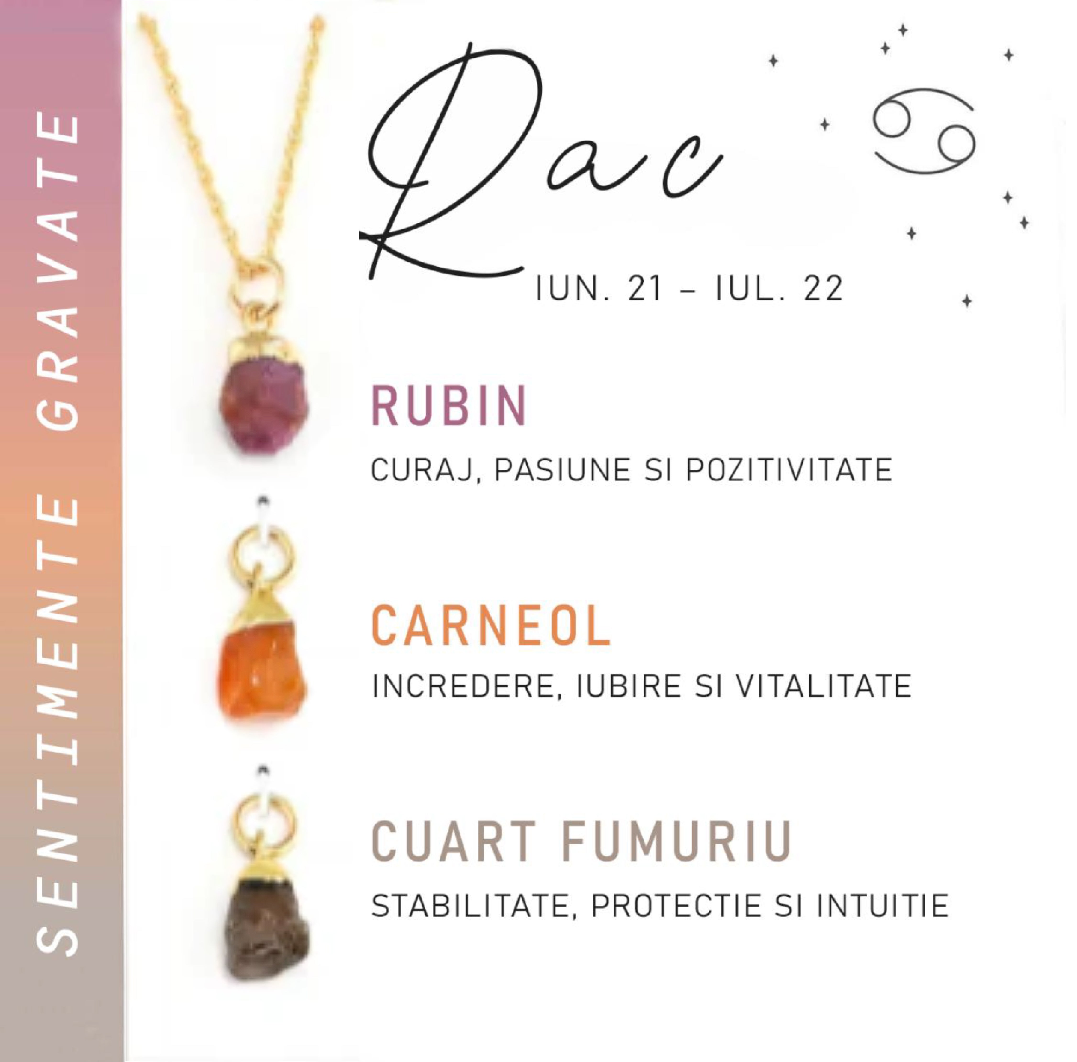 Colier Horoscop cu 3 pietre Semipretioase - Sentimente Gravate