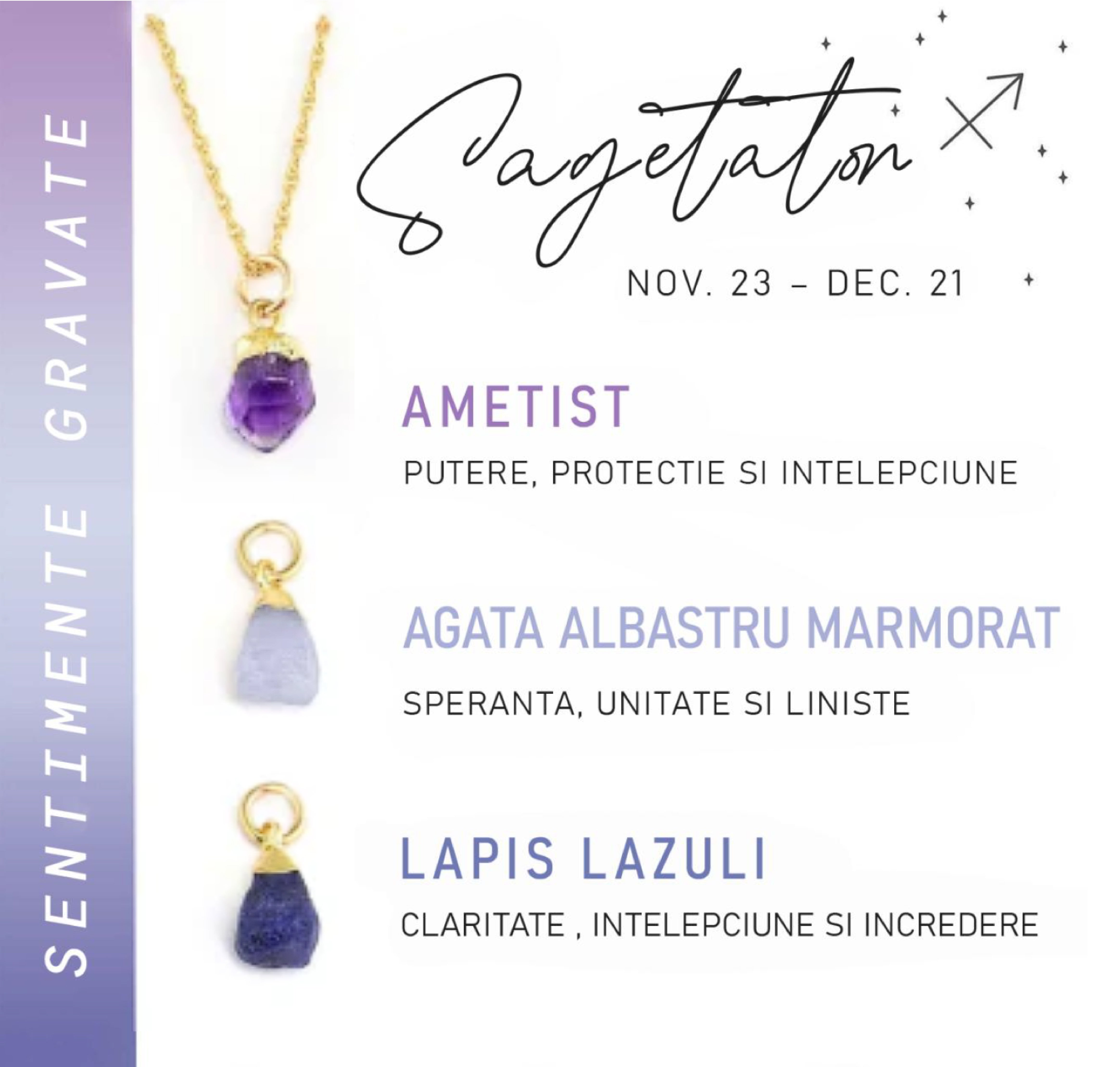 Colier Horoscop cu 3 pietre Semipretioase - Sentimente Gravate