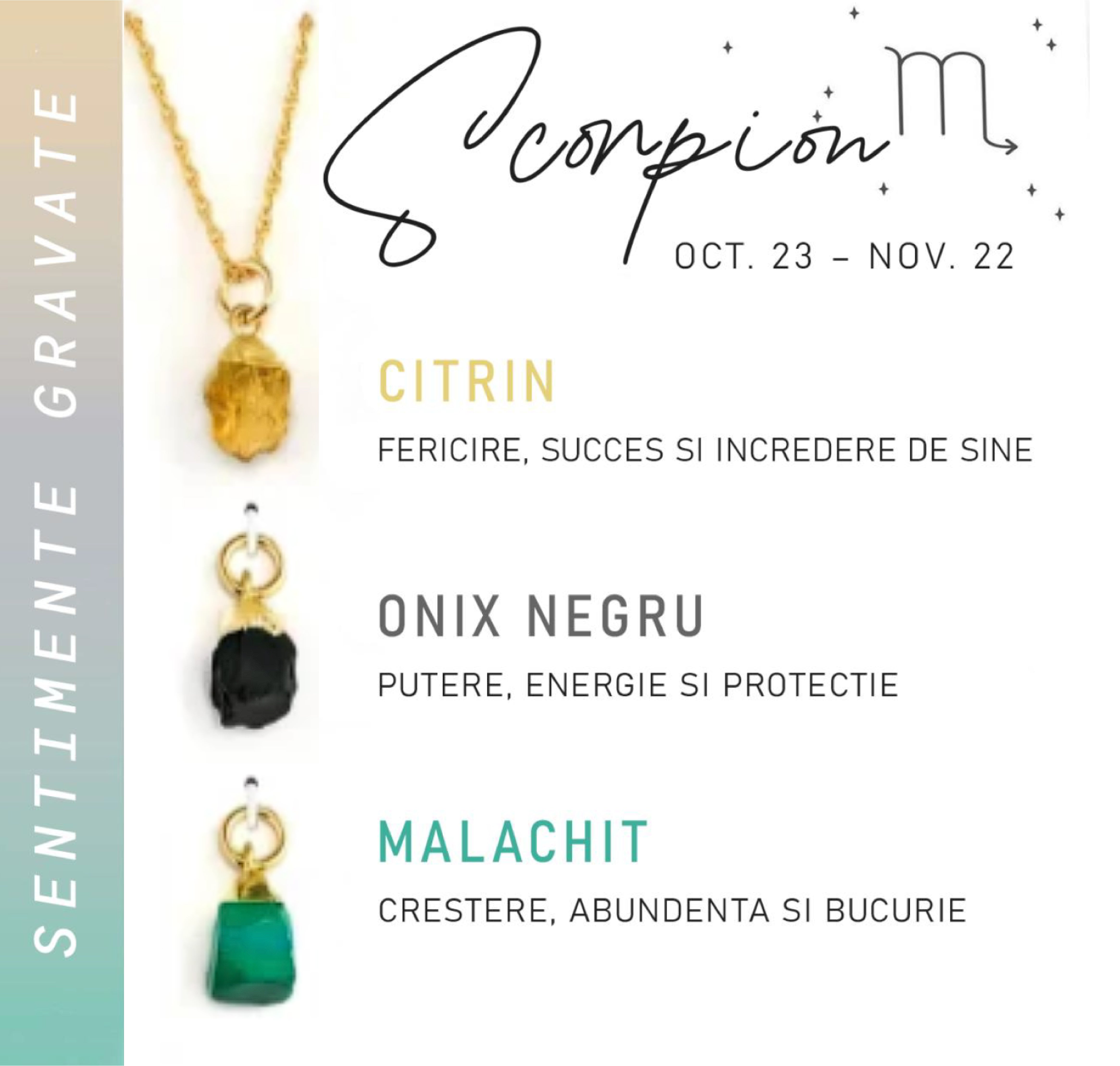 Colier Horoscop cu 3 pietre Semipretioase - Sentimente Gravate