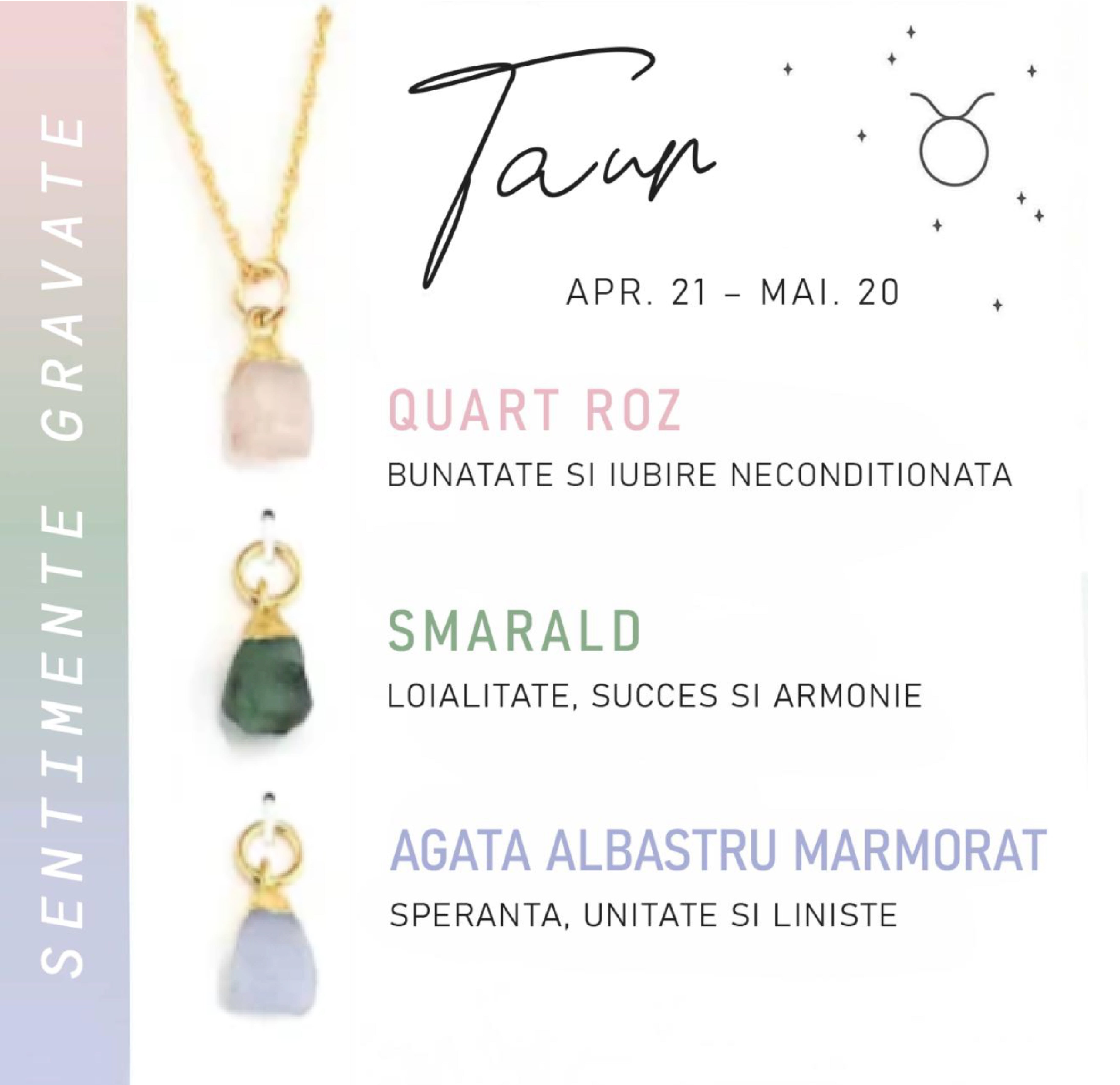 Colier Horoscop cu 3 pietre Semipretioase - Sentimente Gravate