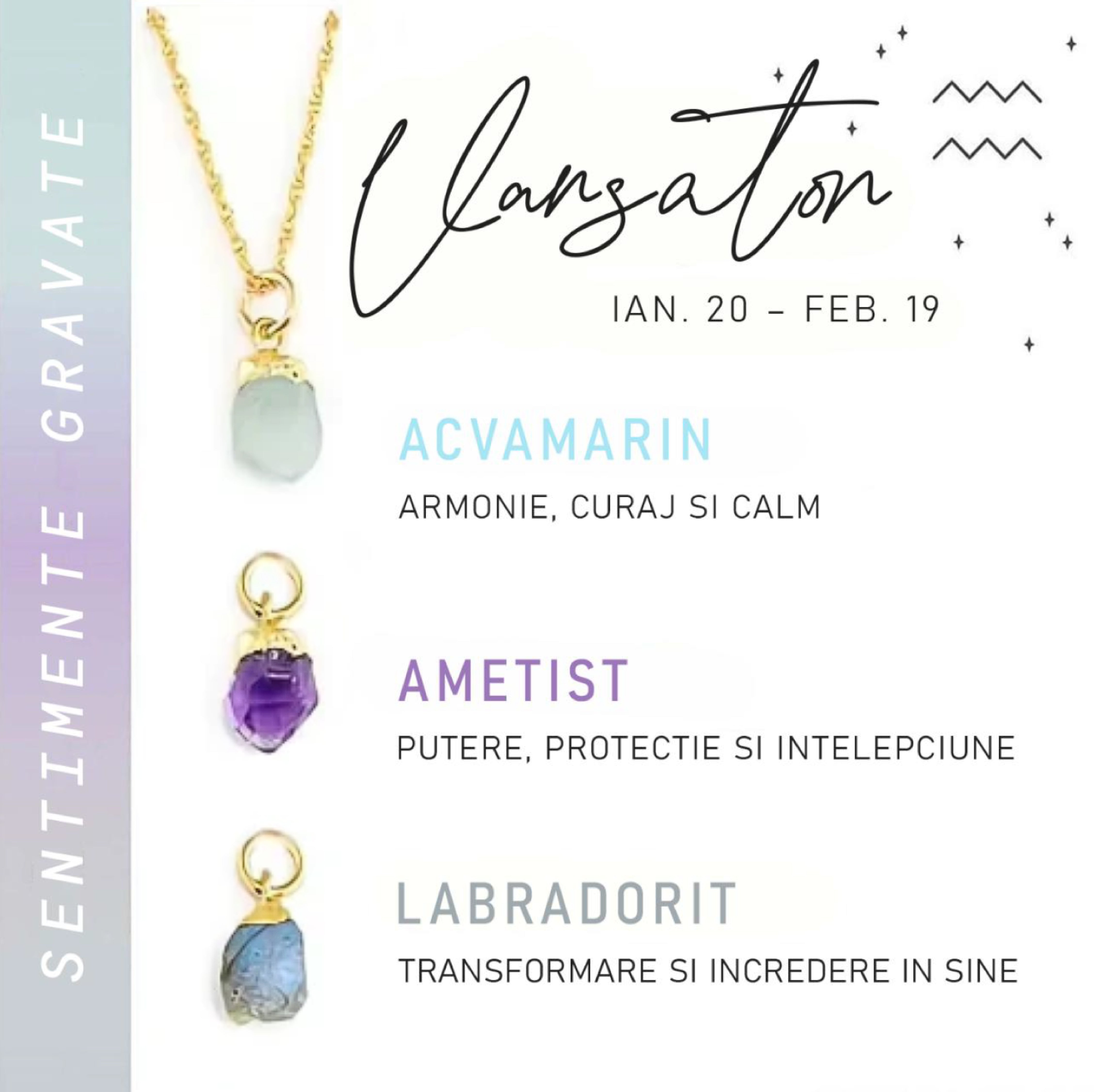 Colier Horoscop cu 3 pietre Semipretioase - Sentimente Gravate